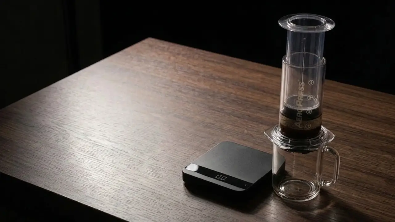 AeroPress en posición regular con el embolo presionado